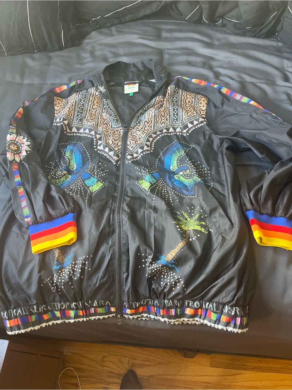 FARM Rio Black Bomber Jacket with Multicolor Tropical Accents - Picture 2 of 6